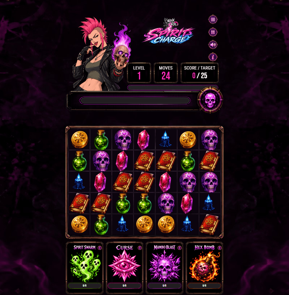 Spirits Charge gameplay: a 7 by 5 board of skulls, crystals, spell books, potions, candles, and coins; a header with Level 1, 24 moves, and a score of 0 against a target of 25, a charge bar, and menu, pause, sound, and info buttons; and four ability cards below the board, Spirit Swarm, Curse, Mambo Blast, and Hex Bomb, each with a charge counter.