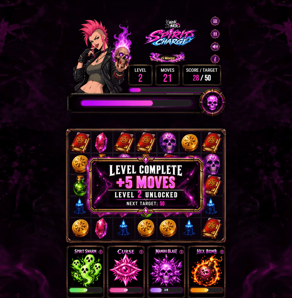 Spirits Charge level-complete overlay on the board: Level Complete, +5 Moves, Level 2 Unlocked, Next Target 50, with the ability charge counters partly filled below.