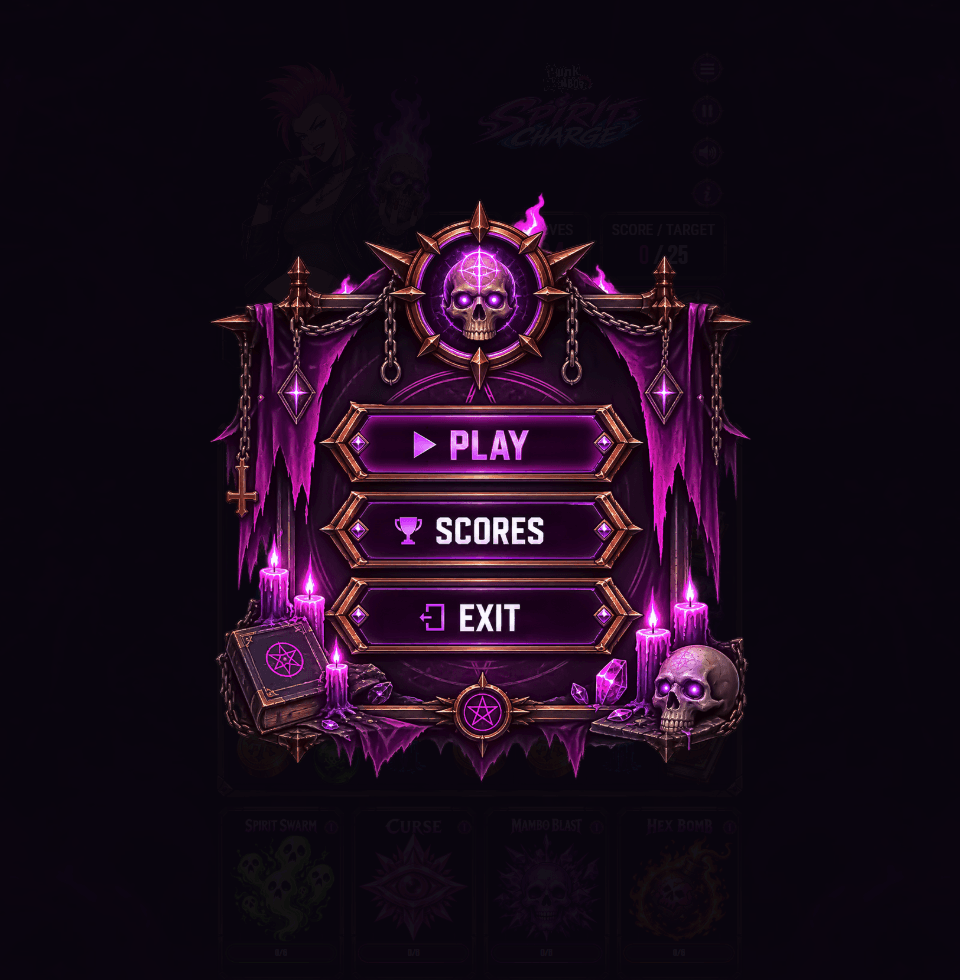 Spirits Charge main menu: Play, Scores, and Exit buttons in an ornate skull-crested frame over the dimmed board.