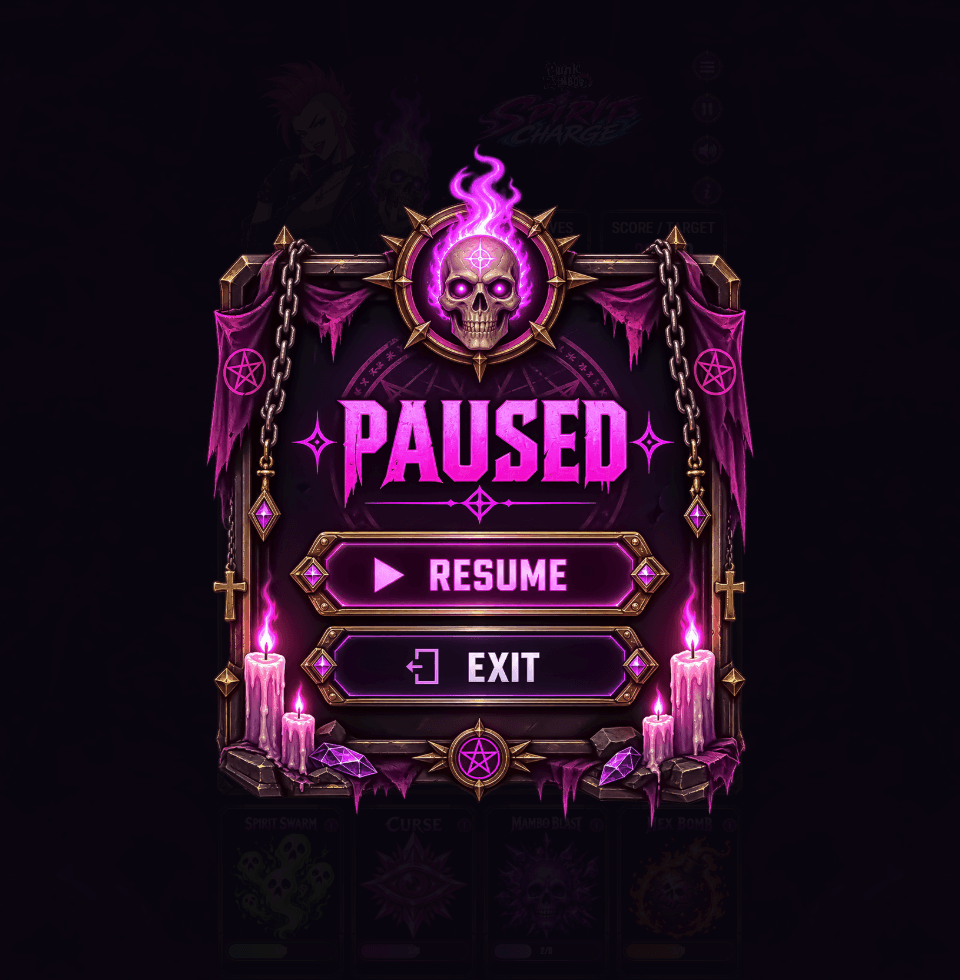 Spirits Charge pause screen: Paused, with Resume and Exit buttons, over the dimmed board.
