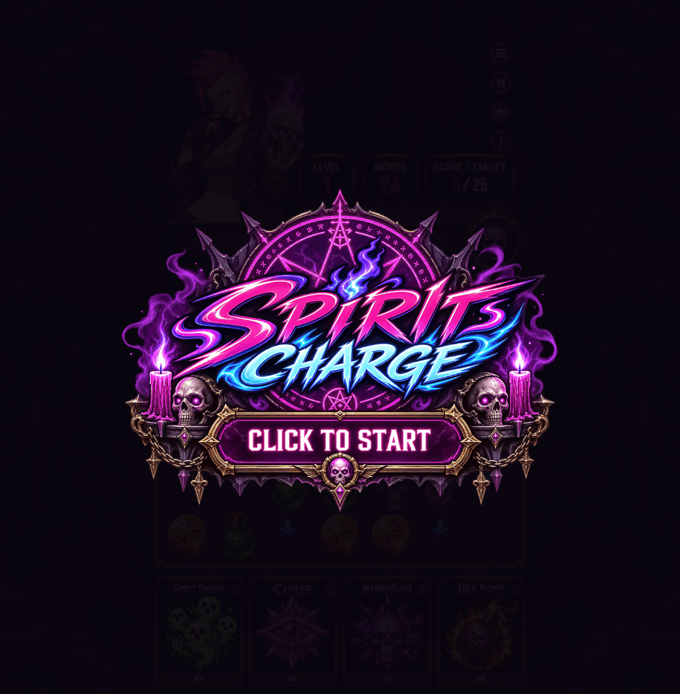 Spirits Charge title screen: the game's logo in a gothic frame of skulls and candles, with a Click to Start button, above a dimmed game board.